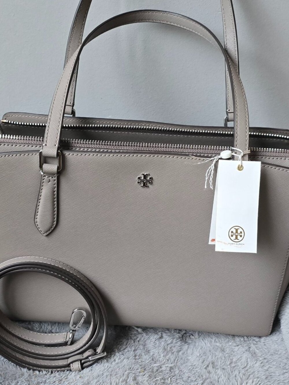 NWT Tory Burch Emerson Small Top Zip Tote Gray Heron